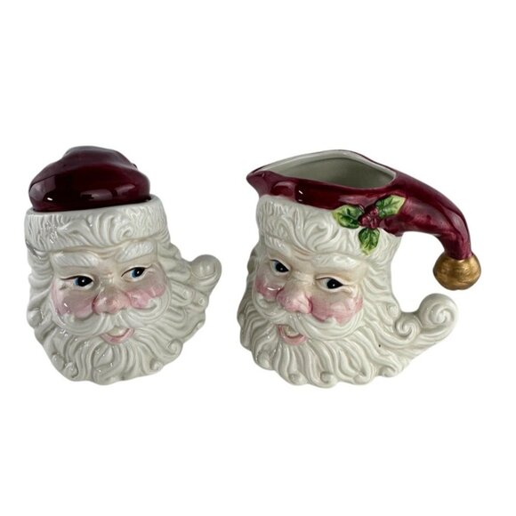 Vintage Santa Head Ceramic Christmas Creamer & Sugar Bowl Set With Lid - Picture 11 of 14